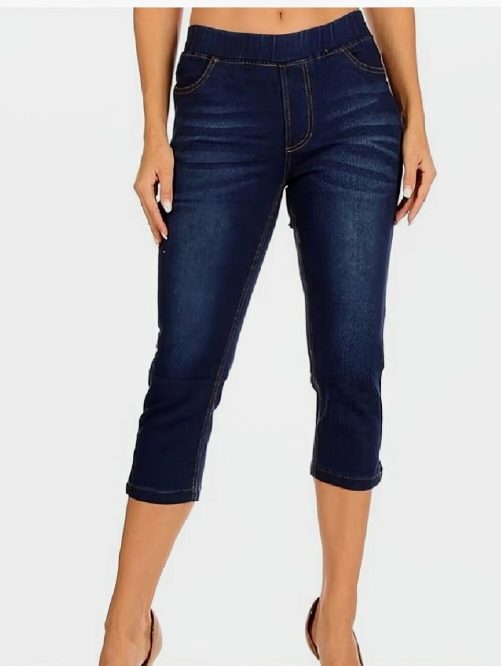 Jvini Women's Dark Denim Capri Jeans Pull-On Skinny with Side Slit & Pockets EUC